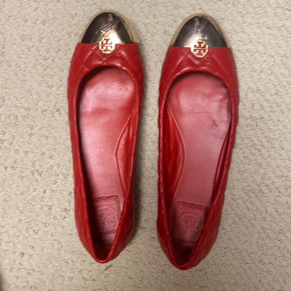 Tory Burch Red Leather Ballet Flats with Gold Cap Toe